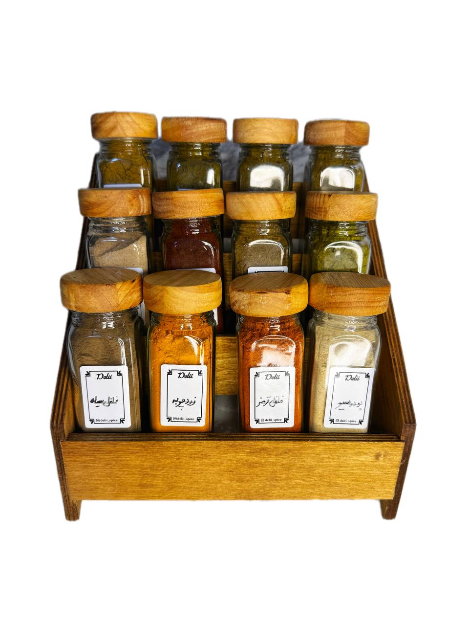جا ادویه ی ۱۲ تایی درب چوبی با استند کشویی (با ادویه ی مرغوب اهواز)(ارسال رایگان)