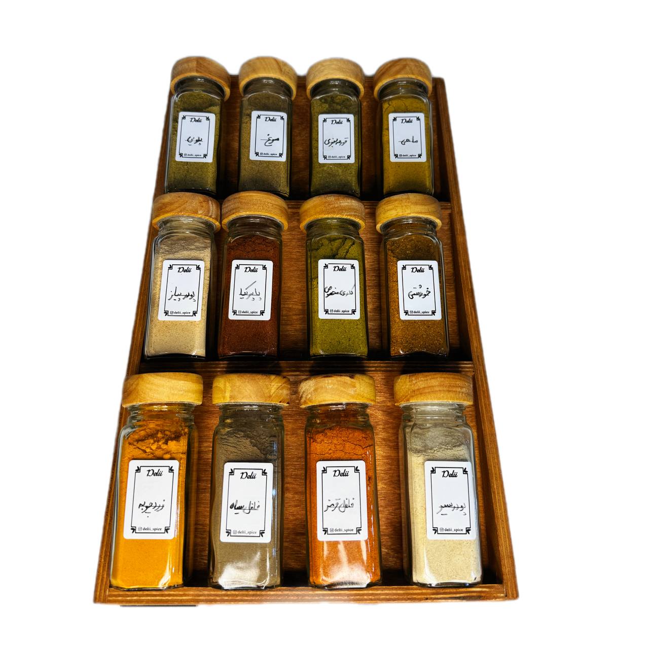 جا ادویه ی ۱۲ تایی درب چوبی با استند کشویی (با ادویه ی مرغوب اهواز)(ارسال رایگان)