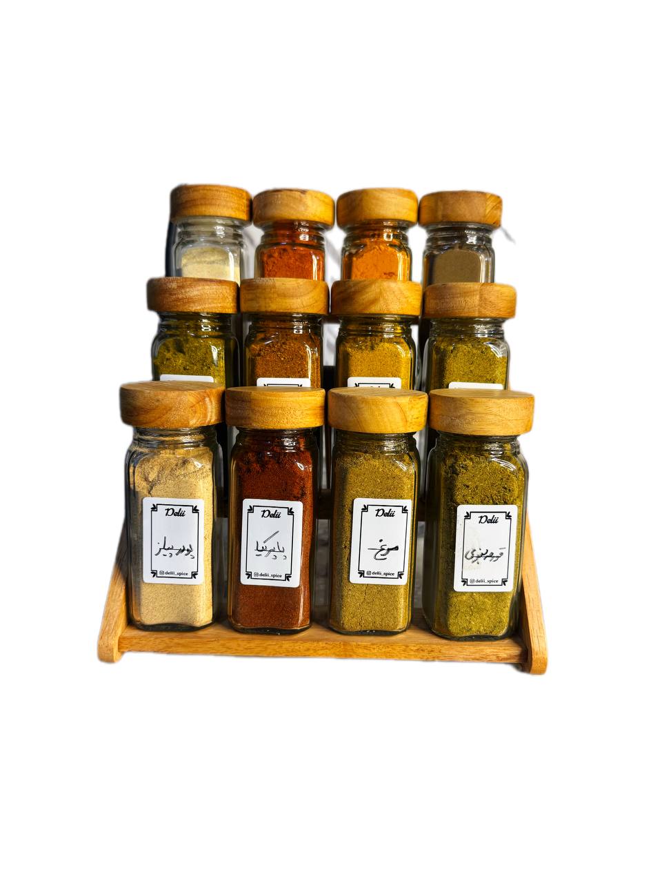 جا ادویه ی ۱۲ تایی درب چوبی با استند دو حالته (با ادویه ی مرغوب اهواز)(ارسال رایگان)