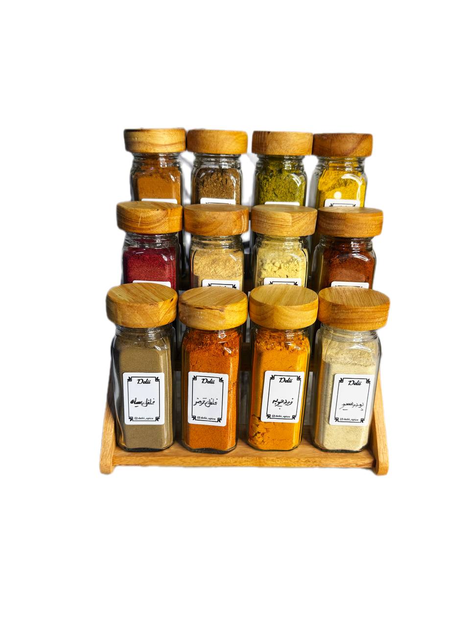 جا ادویه ی ۱۲ تایی درب چوبی با استند دو حالته (با ادویه ی مرغوب اهواز)(ارسال رایگان)